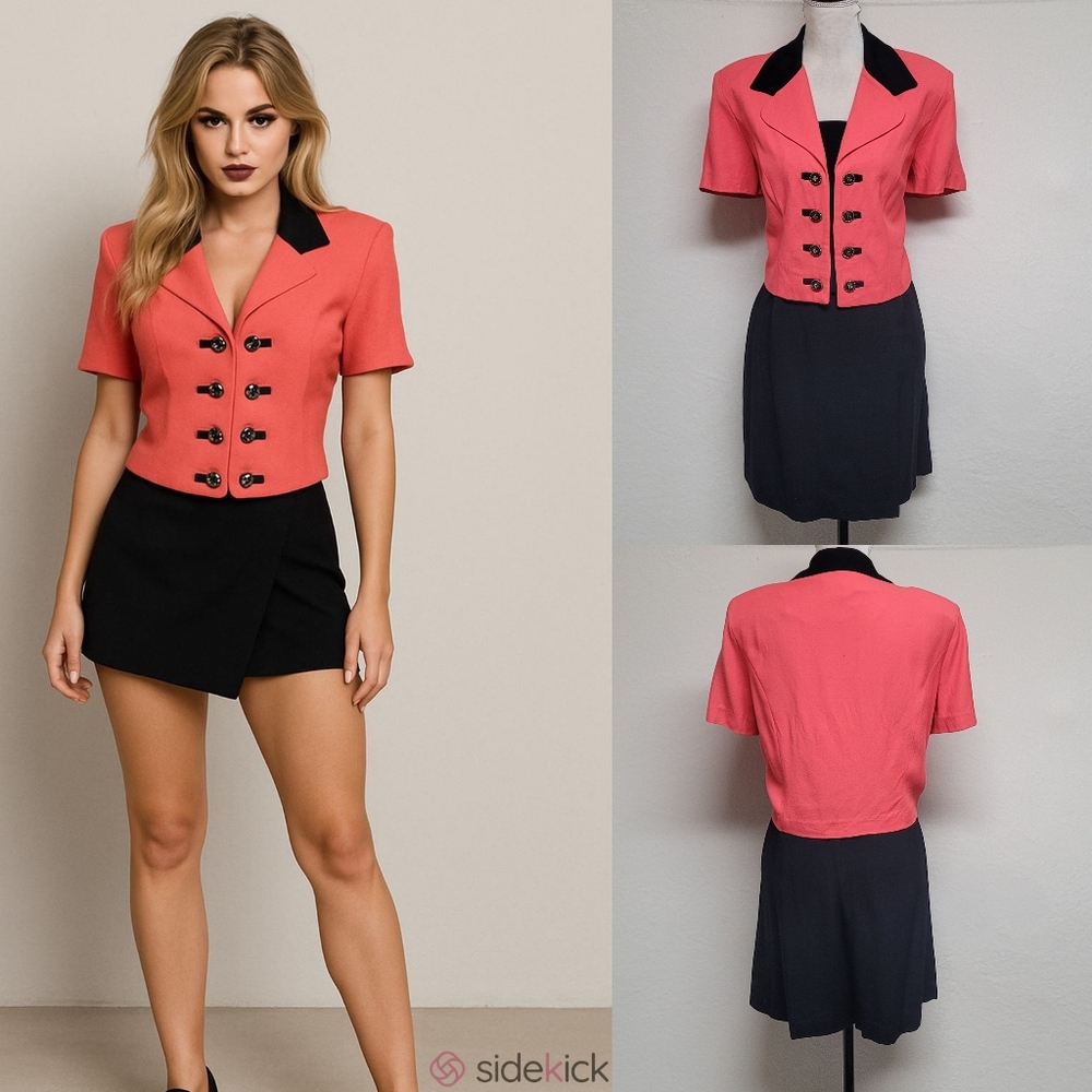 80s Vintage S.L. Fashions Neon Peach Cropped Jacket Black Skort Two-Piece Set 14